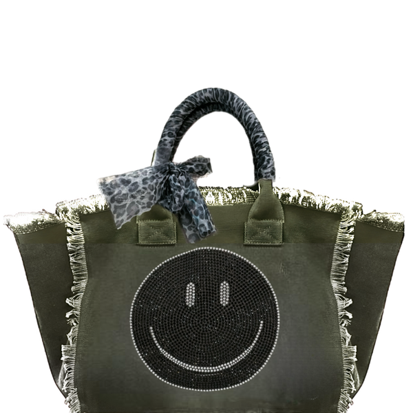 Smile Black Crystal Fringe Canvas Bag