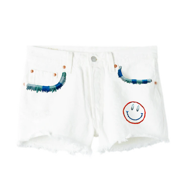 Denim Hand Embroidered White Shorts - Levi’s 501