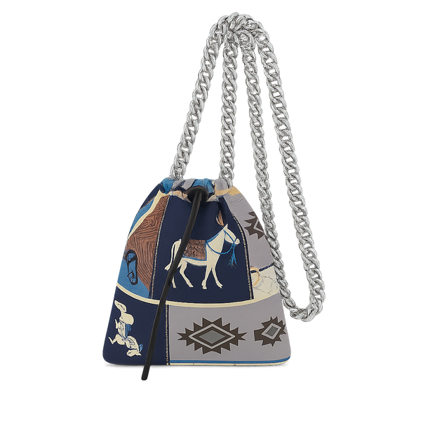 Drawstring Chain Blue Horse Equestrian Chain Silk Pouch