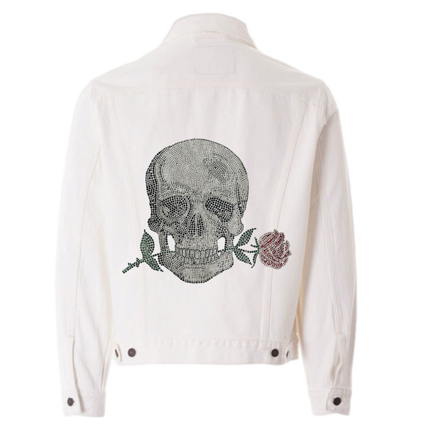 Roses Skull Crystal White Denim Jacket SAMPLE SALE