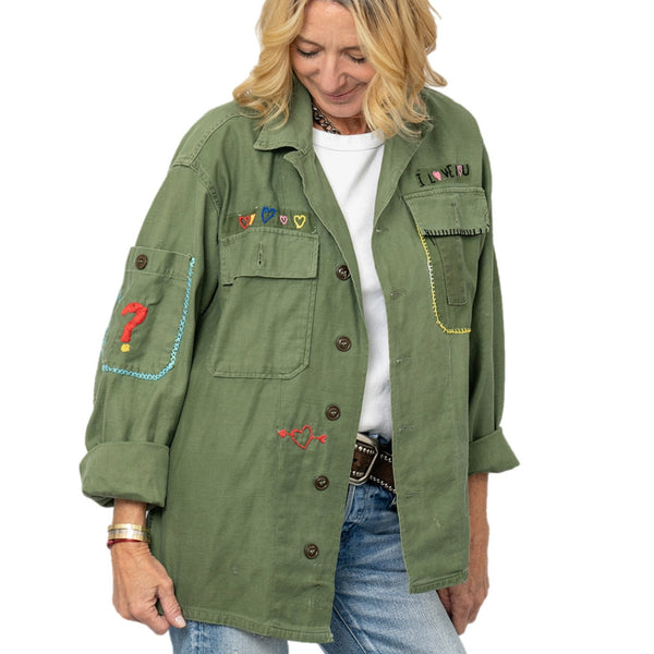 Vintage Recycled Army Hand Embroidery Jacket Shirt