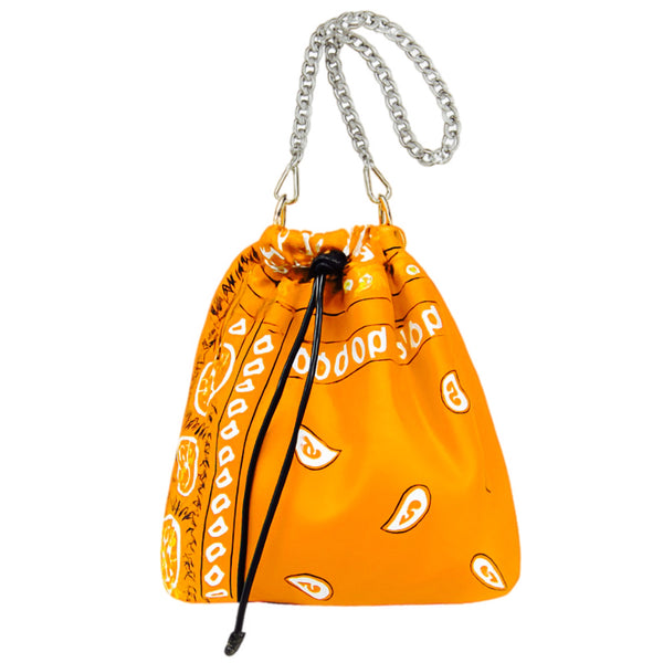 Drawstring Chain Orange Silk Like Pouch