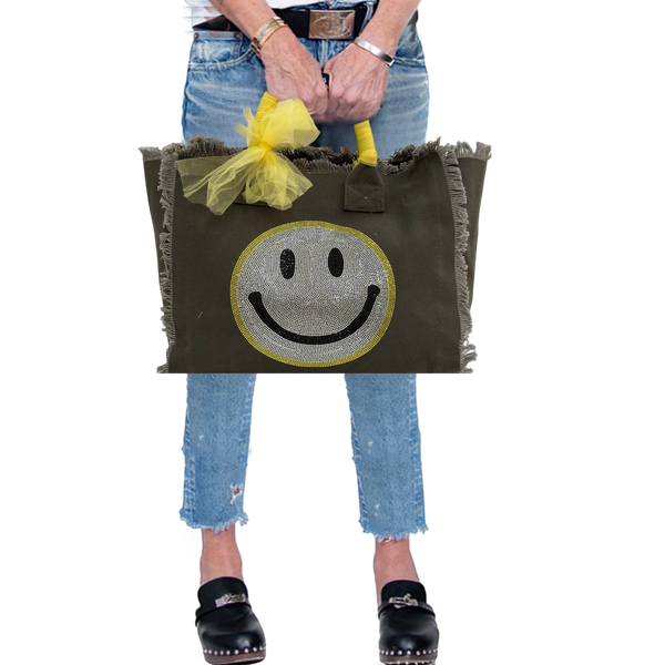 Smile Silver Gold Crystal Fringe Canvas Bag