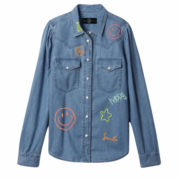 Denim Button Down Neon Hand Embroidery