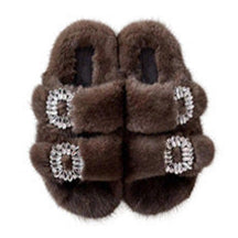 Mink Slide Sandals Shoes with Crystal Buckle Chocolate
