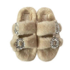 Mink Slide Sandals Shoes with Crystal Buckle Cream