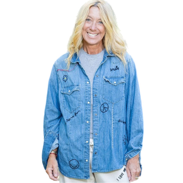 Denim Button Down Black Hand Embroidery