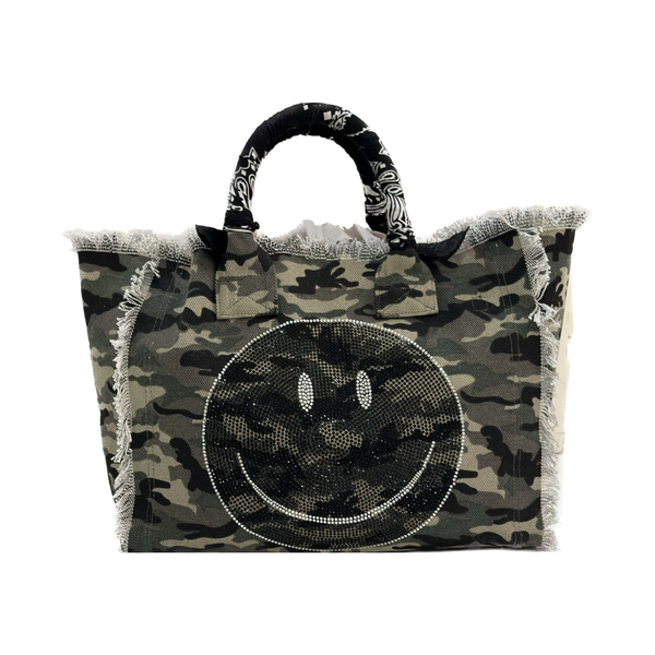 Smile Black Crystal Fringe Canvas Bag