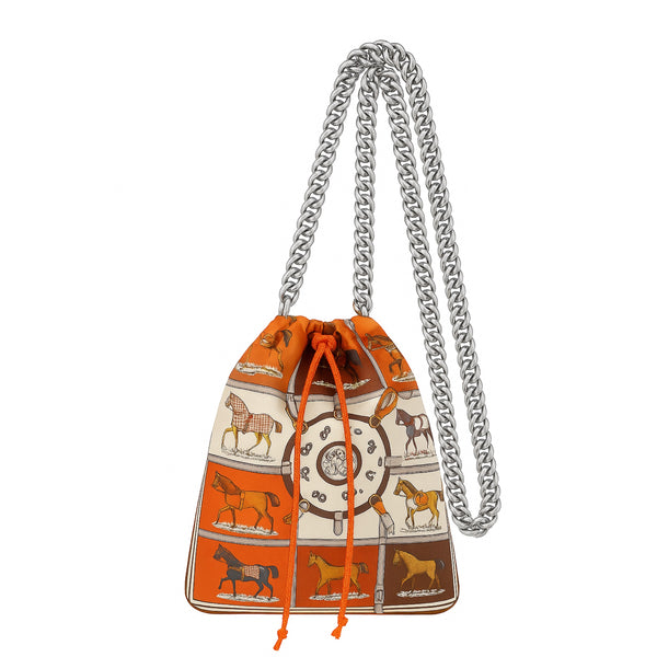 Drawstring Chain Equestrian Orange Brown Silk Pouch
