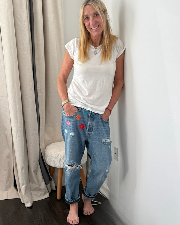 Levi's Relax Fit Hand Embroidered Jeans Flowers