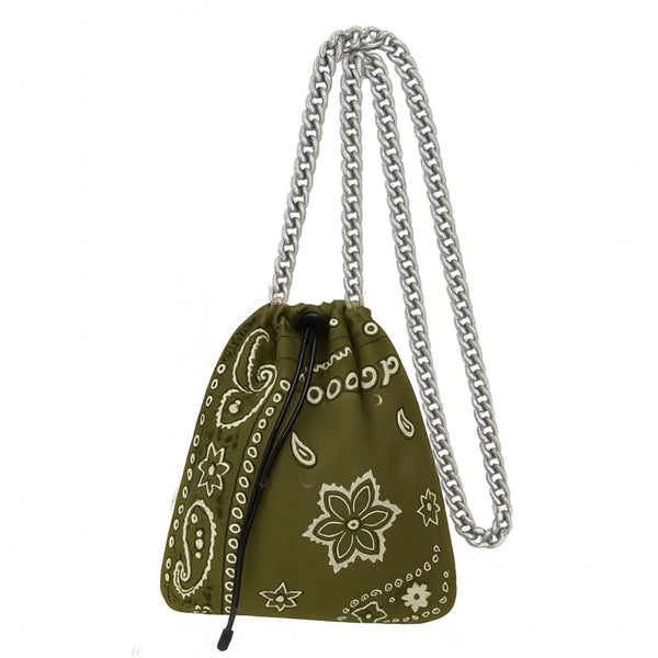 Drawstring Chain Olive Silk Like Pouch