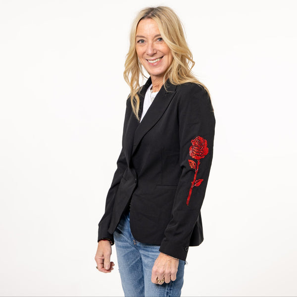 Crystal Rose Sleeve Blazer - Black
