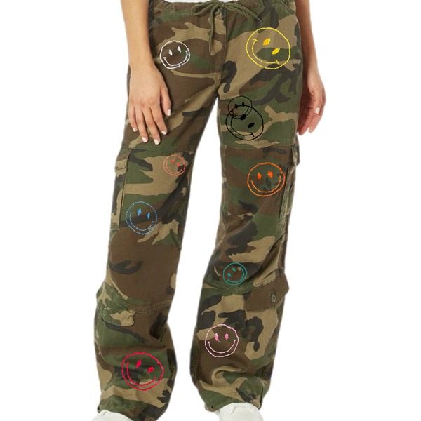 Vintage Smiley Embroidery Multi Army Pants