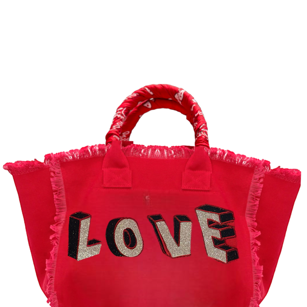 Red Love Blocks Fringe Canvas Bag SAMPLE SALE