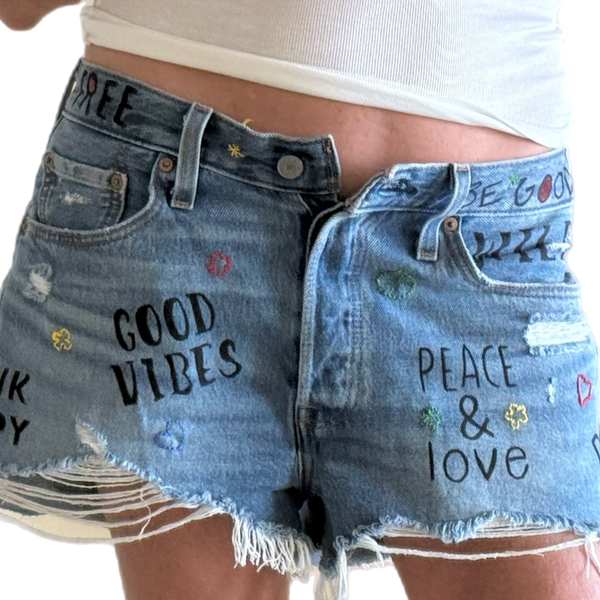 Denim Hand Painted Embroidered Happy Shorts - Levi’s 501