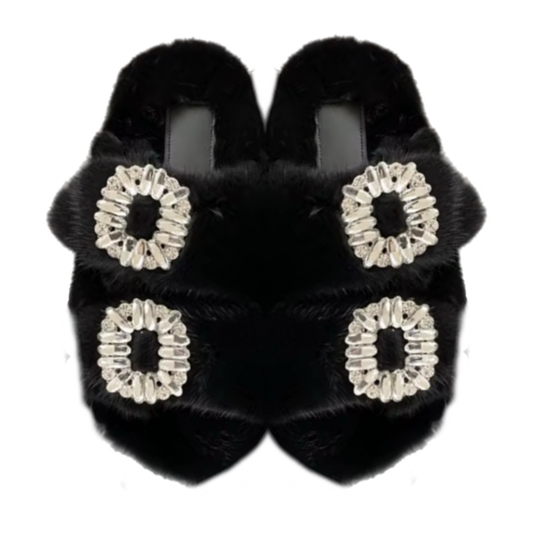 Mink Slide Sandals Shoes with Crystal Buckle Black