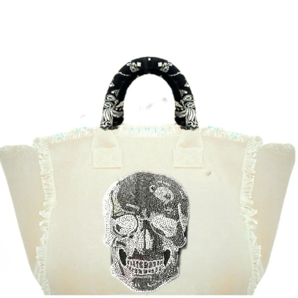 Skull Fringe Canvas Bag Cream