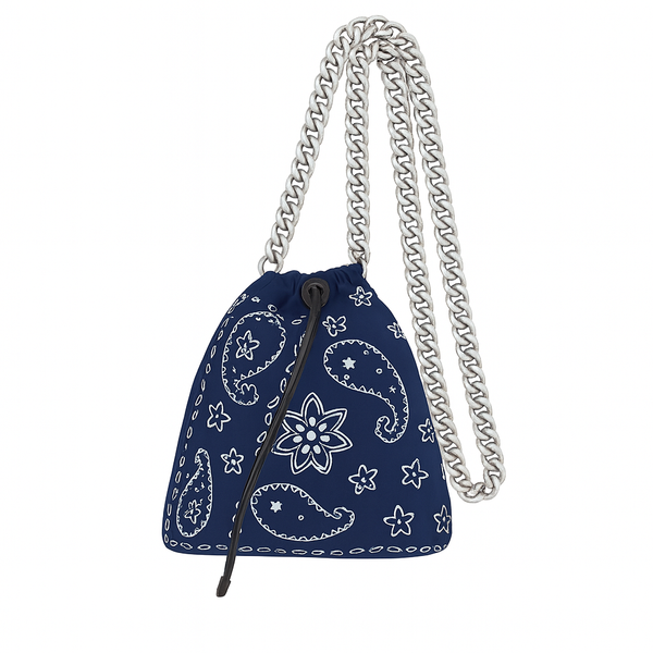 Drawstring Chain Navy Silk Like Pouch