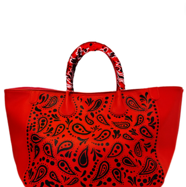 Everyday Vegan Leather Tote - Hand Painted Bandana Print