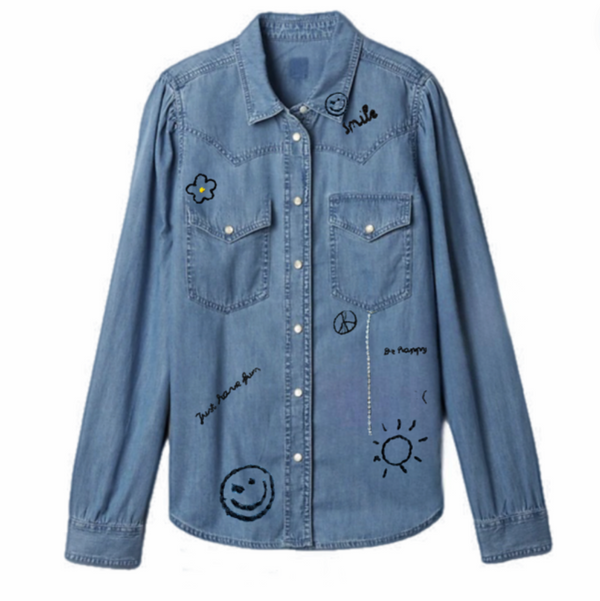 Denim Button Down Black Hand Embroidery