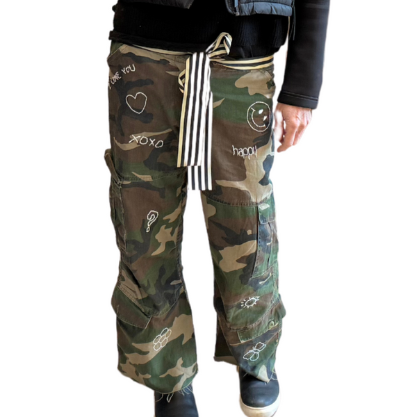 Vintage Happy Embroidery Multi Army Pants