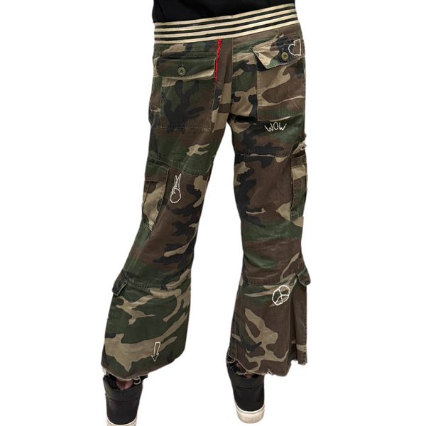 Vintage Happy Embroidery Multi Army Pants