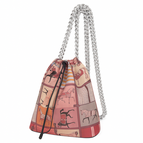 Drawstring Chain Patchwork Horses Silk Pouch