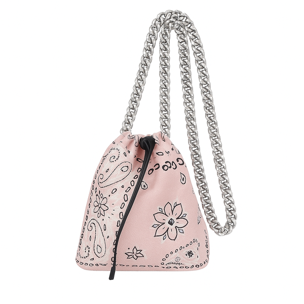 Drawstring Chain Pink Silk Like Pouch