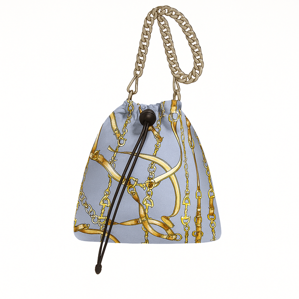 Drawstring Equestrian Light Blue Chain Silk Like Pouch