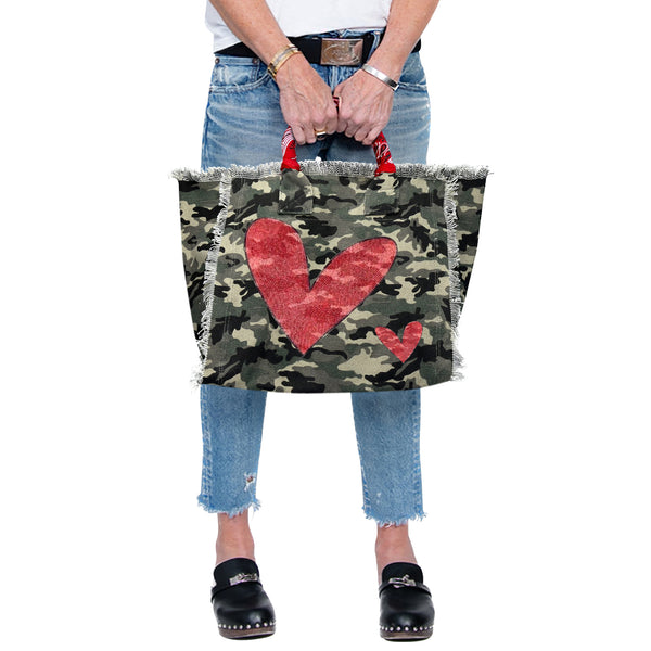Red Crystal Heart Fringe Canvas Bag SAMPLE SALE