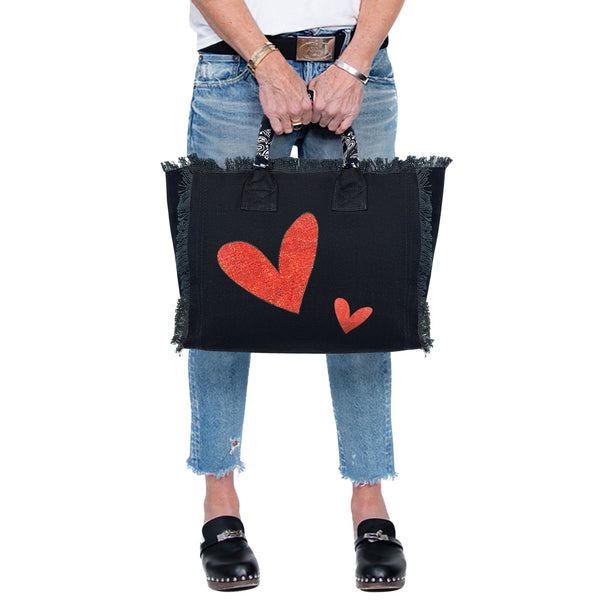 Red Crystal Heart Fringe Canvas Bag SAMPLE SALE
