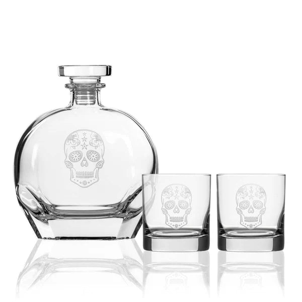 Sugar Skull Whiskey Decanter & Rocks Glasses