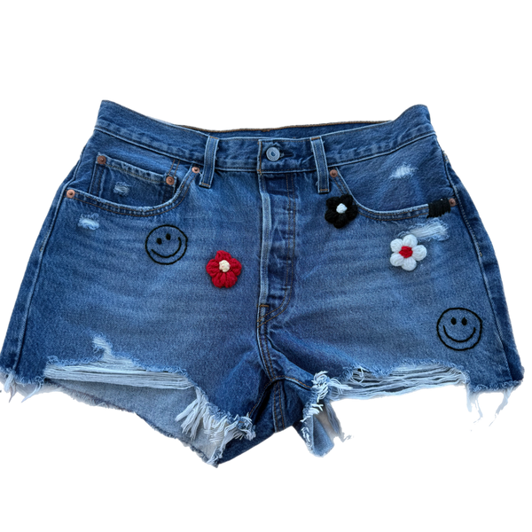 Denim Beach Hand Embroidered Crochet flowers Smile - Levi’s 501
