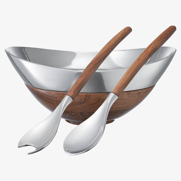 Wood & Silver Serving Bowl With Two Server
