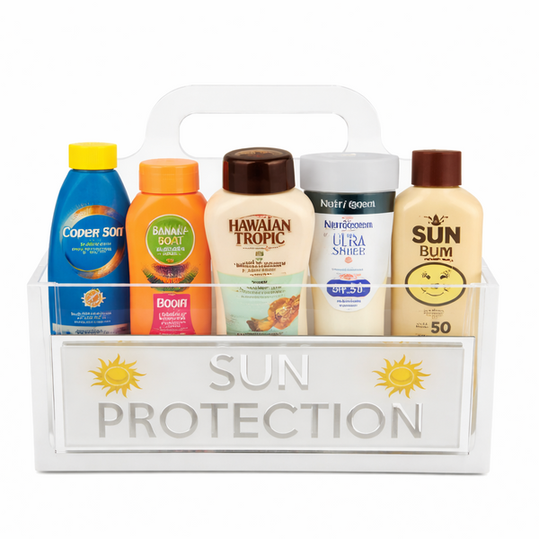 Collection of sun protection products in a holder with 'Sun Protection' text on a white background