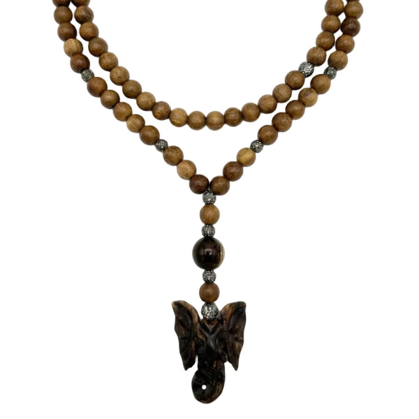 Hipchik Wood Bead Elephant Pendant Lariat Necklace