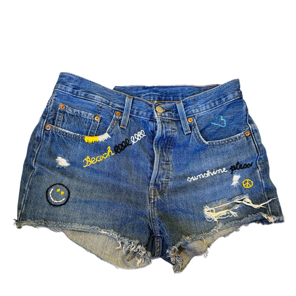 Hand Embroidered Levi's 501 Denim Shorts Sunshine Please – Sample Sale