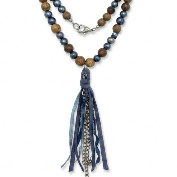 Hipchik Wood Bead & Pearl Ribbon Tassel Necklace