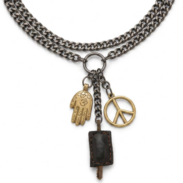 Hipchik Chrome Curb Chain Peace & Hamsa Charm Necklace