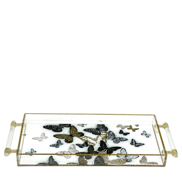 Acrylic Tray Butterflies Gold with Metal Handles