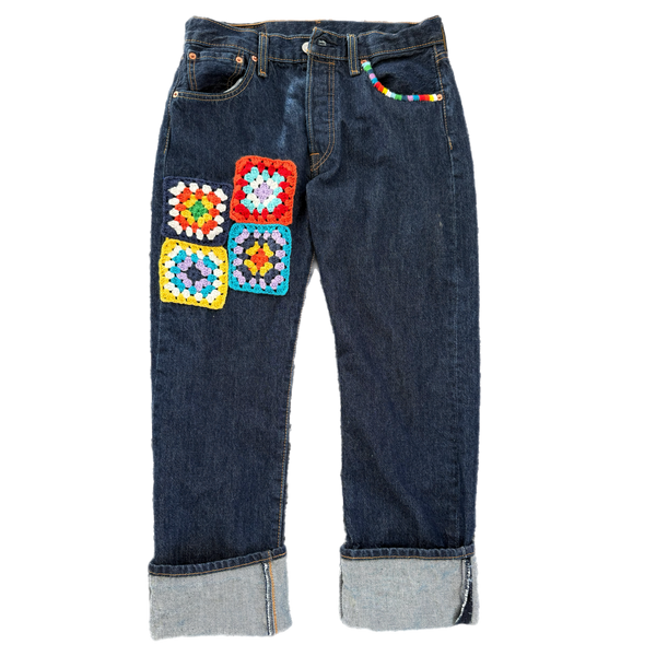 Crochet Fringe Back Vintage Refurbished Repurposed Levi's