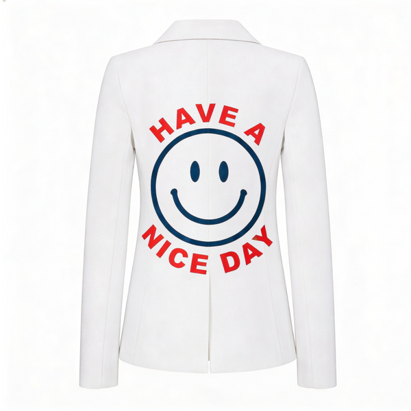 White Denim Blazer- Have a Great Day