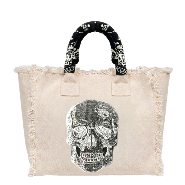 Skull Fringe Canvas Bag Cream