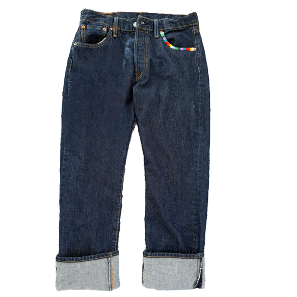 Crochet Fringe Back Vintage Refurbished Repurposed Levi's