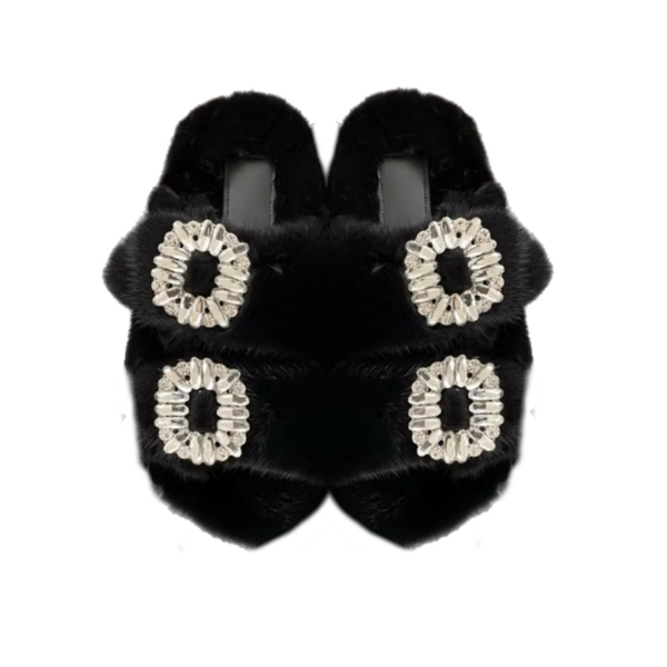 Mink Slide Sandals Shoes with Crystal Buckle Black