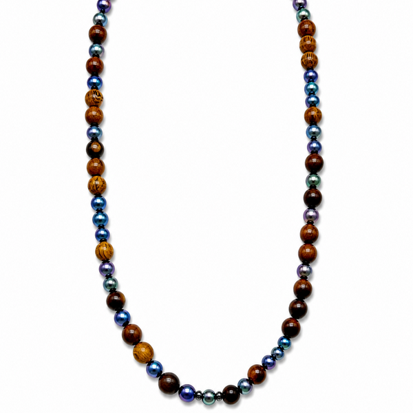 Hipchik Wood and  Blue Pearl Long Necklace