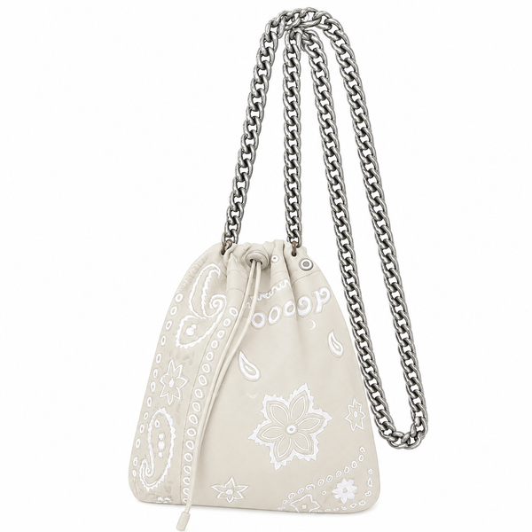 Drawstring Chain Beige White Bandana Chain Silk Pouch