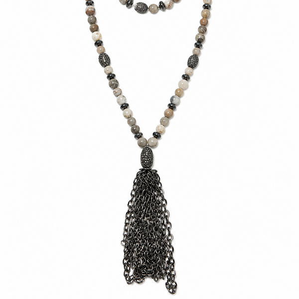 Hipchik Fossil Coral Beads and Rhinestones Chain Tassel Wrap Necklace