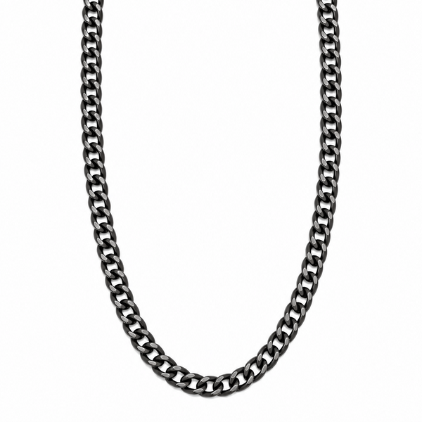 A thick blackened metallic chain necklace with a lobster clasp, displayed against a solid white background.