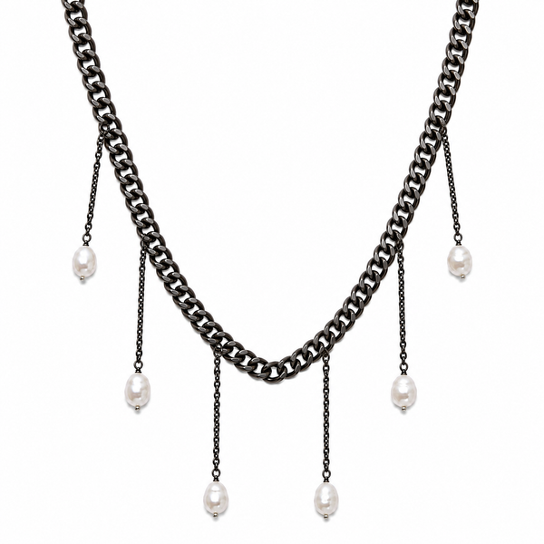 Hipchik Necklace Gunmetal Curb Chain with Hanging Pearls